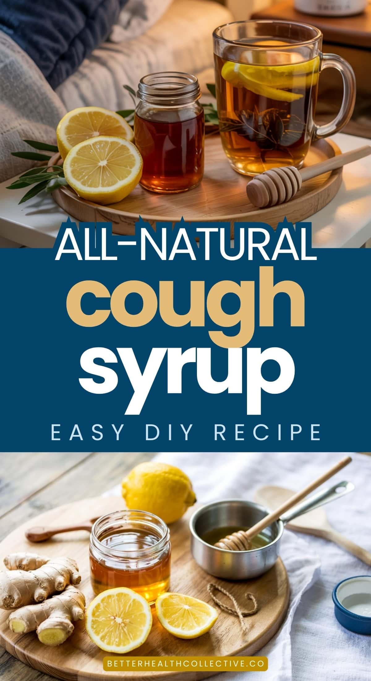 A cup of tea with lemon and honey sits on a tray beside a jar of honey, fresh lemons, and ginger. Text reads: “DIY Cough Syrup, Easy to Make at Home. All-Natural Recipe. wellnestguide.com.”.