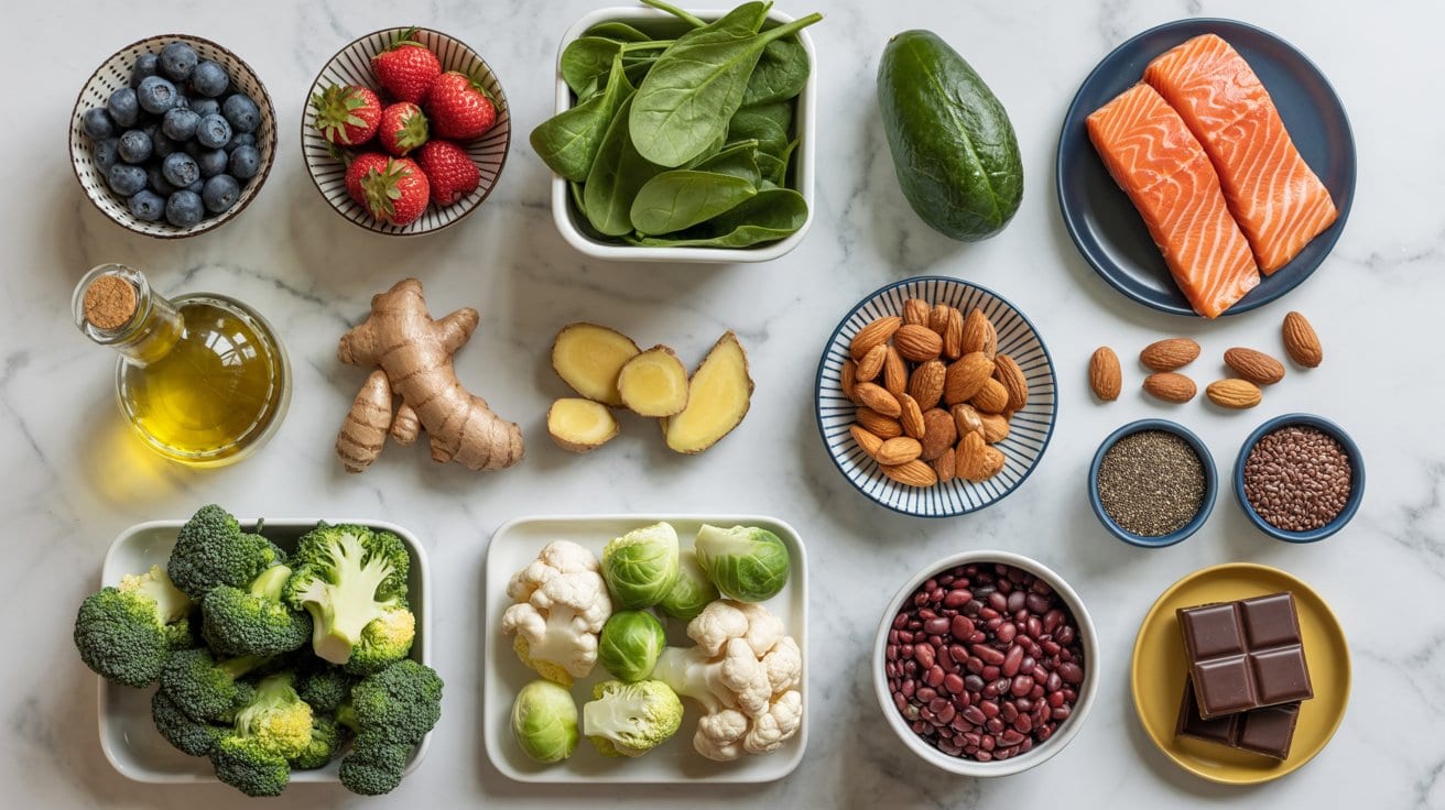 A variety of healthy Anti Inflammation Foods on a marble surface, including blueberries, spinach, salmon, ginger, and seeds—perfect for Less Bloating and wholesome Diet Recipes.