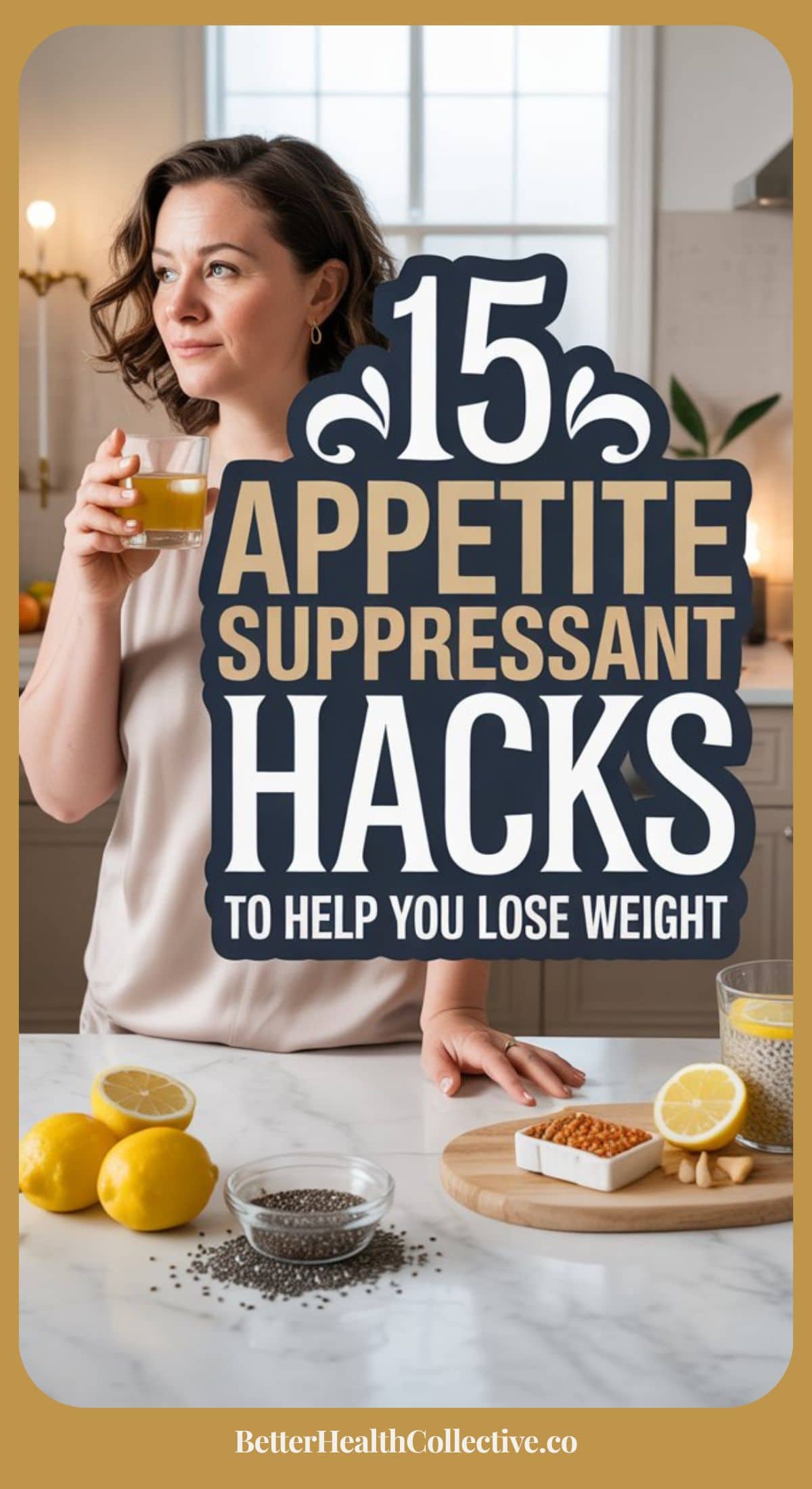 A woman stands in a kitchen holding a drink, with lemons, chia seeds, and a cutting board on the counter. Overlaid text reads, 15 Appetite Suppressant Hacks to Help You Lose Weight using natural appetite suppressants.