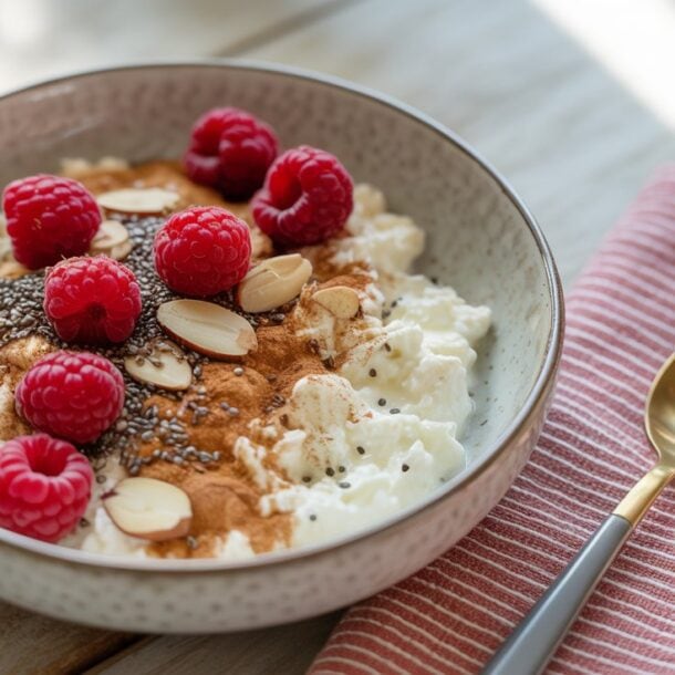 A Berry Chia Cottage Cheese Bowl topped with fresh raspberries, chia seeds, sliced almonds, and cinnamon sits on a wooden table next to a red striped napkin and gold spoon—a high fiber high protein breakfast delight.