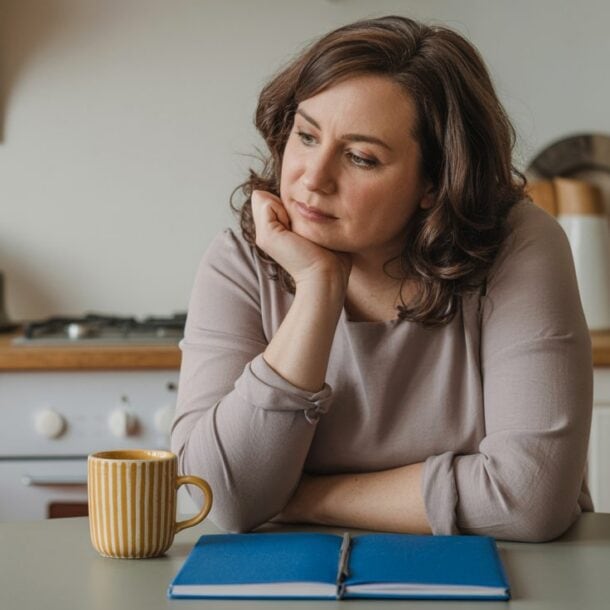 A woman sits at a kitchen table, resting her chin on her hand and looking thoughtful, perhaps experiencing GLP-1 brain fog. In front of her are a yellow mug and an open blue notebook. The tidy kitchen has shelves and appliances in the background.