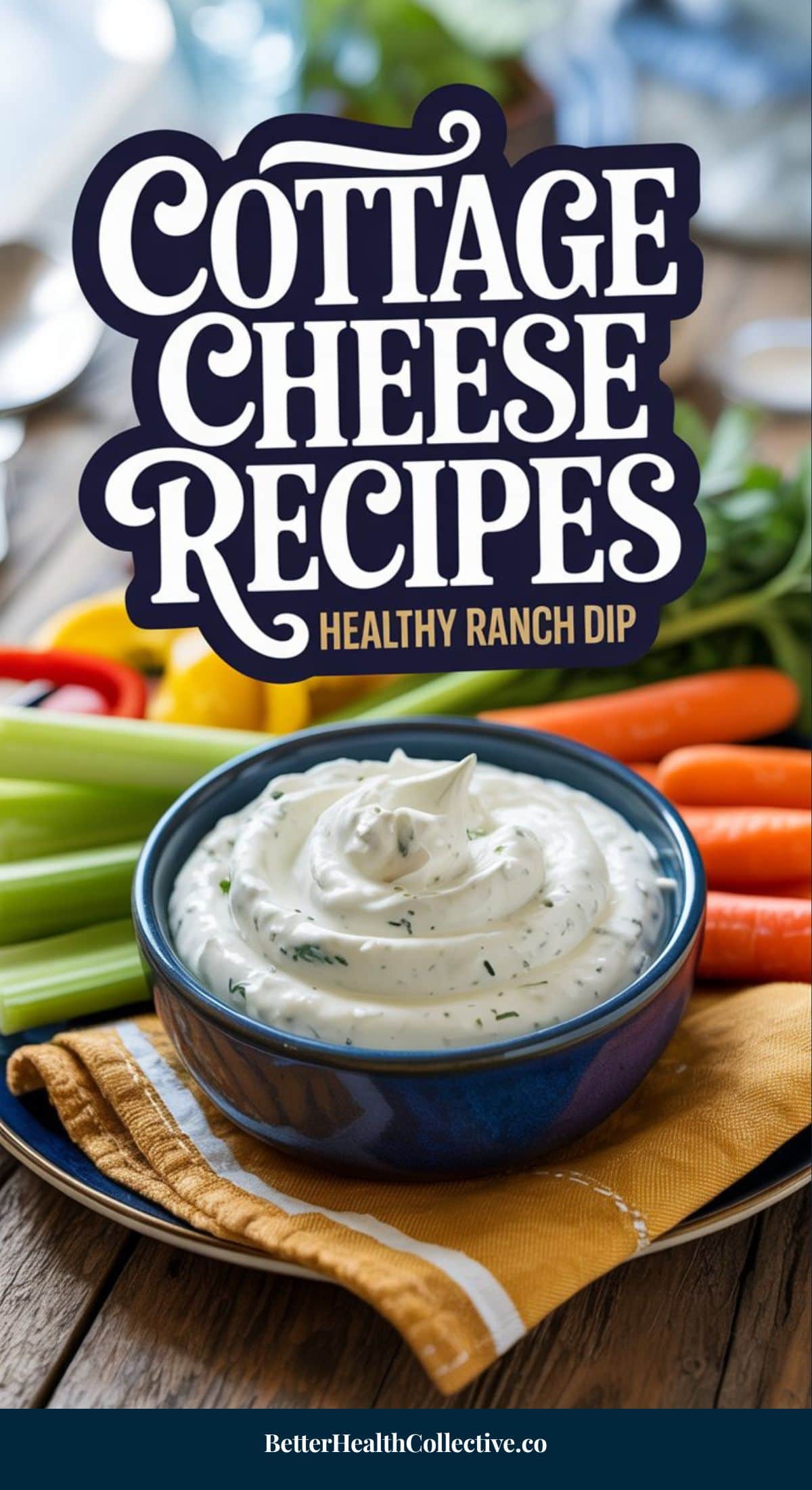 A bowl of creamy ranch dip made with cottage cheese sits on a plate with fresh celery and carrots. The text “High Protein Cottage Cheese Recipes: Healthy Ranch Dip” appears above, with wellnestguide.com at the bottom.