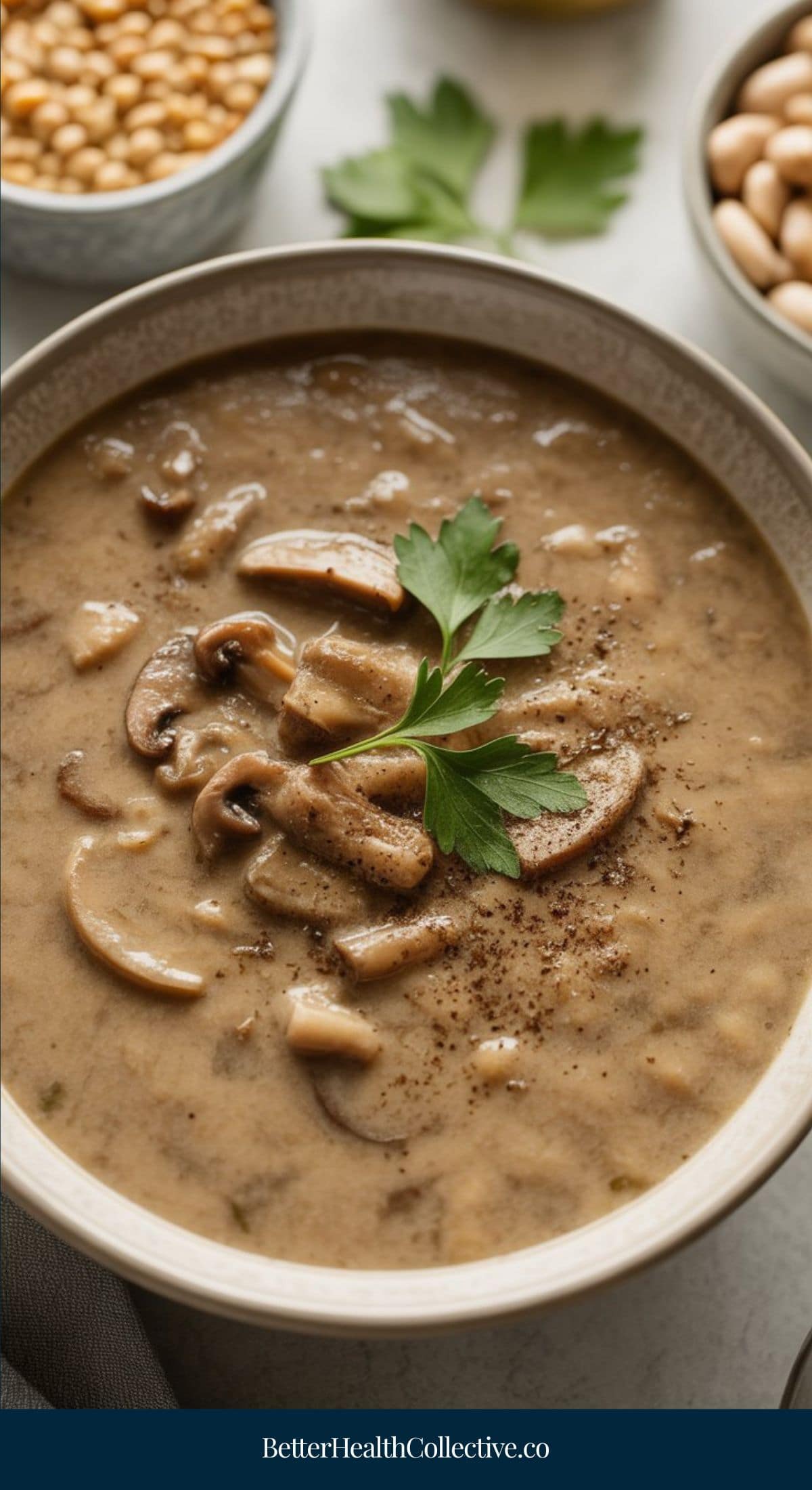 A bowl of creamy mushroom soup garnished with fresh parsley, with beans and greens visible in the background. Discover delicious vegetarian soup recipes at wellnestguide.com.