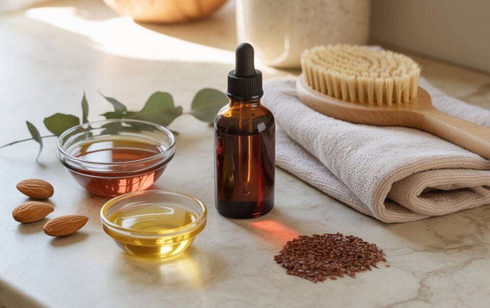 A glass dropper bottle of firming body oil, small bowls of amber and golden oils, almonds, flaxseeds, and a dry brush on folded towels are arranged on a marble countertop in natural light—ideal for caring for loose skin while losing weight.