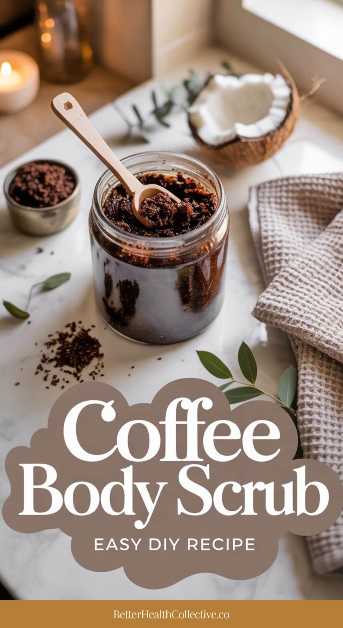 A jar of smoothing, DIY Coffee Body Scrub with a wooden spoon sits on a marble surface, surrounded by coffee grounds, a coconut half, a checkered towel, and greenery. Text reads: Coffee Body Scrub – Easy to Make DIY Recipe.