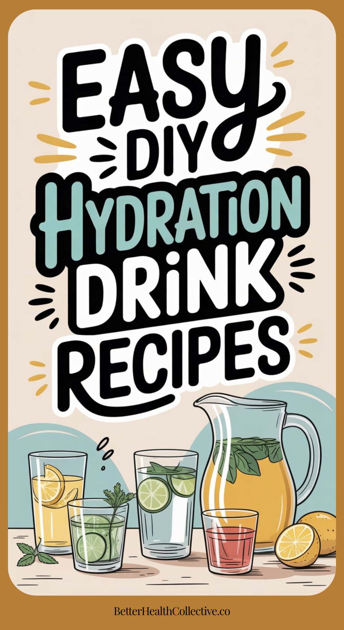 Illustration with the text “Easy DIY Hydration Drink Recipes” above a pitcher and glasses filled with colorful hydration drink recipes, lemon slices, mint leaves, and ice. Website “wellnestguide.com” appears at the bottom.