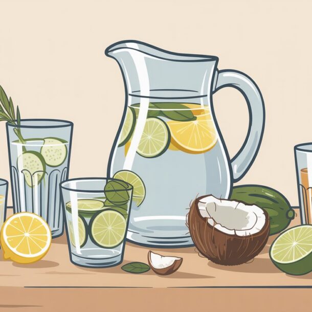 Illustration of a wooden table with a pitcher of water filled with lemon and lime slices, surrounded by glasses, coconut, citrus slices, and herbs. The scene suggests healthy hydration and refreshing summer drink recipes.