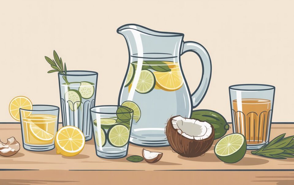 Illustration of a wooden table with a pitcher of water filled with lemon and lime slices, surrounded by glasses, coconut, citrus slices, and herbs. The scene suggests healthy hydration and refreshing summer drink recipes.