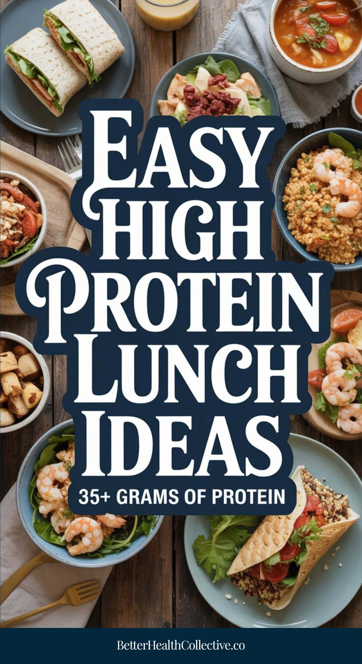 A variety of colorful, healthy lunch dishes with shrimp, wraps, salads, and grain bowls surround bold text: Easy High Protein Lunches—35+ grams of protein. Website: wellnestguide.com.