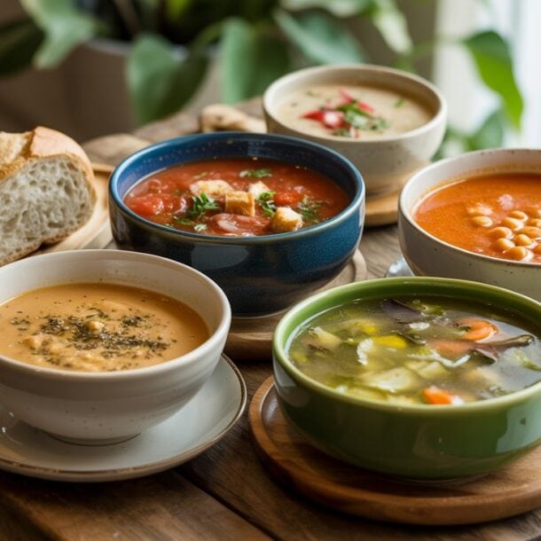 A wooden table with various bowls of vegetarian soup recipes, including tomato, vegetable, creamy, and bean soups, accompanied by a small loaf of bread, set beside a window with natural light and a green plant in the background.