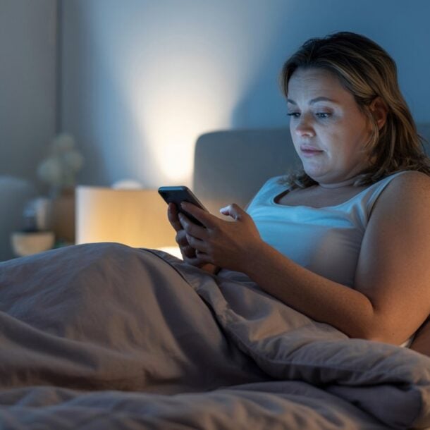 A woman sits up in bed at night, wired but tired, illuminated by the blue light from her phone as she looks at the screen, with a lamp glowing softly in the background.