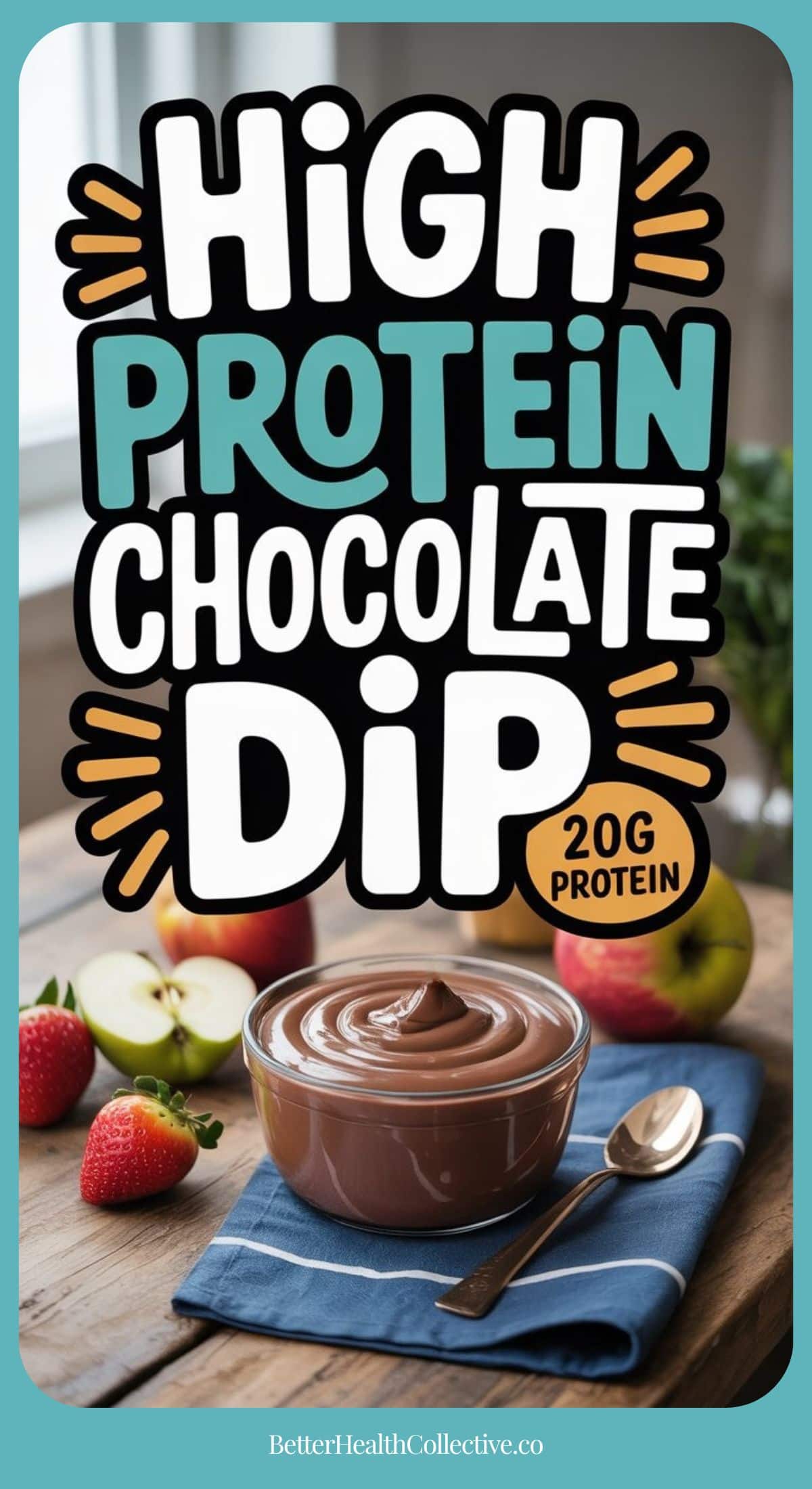 A bowl of high protein chocolate dip made with cottage cheese sits with a spoon on a blue napkin, surrounded by apple slices and strawberries. Text above reads: High Protein Chocolate Dip, 20g Protein. Logo at bottom: wellnestguide.com.