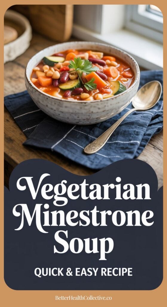 A bowl of Vegetarian Minestrone Soup with beans, carrots, and zucchini sits on a blue napkin next to a spoon. Text on the image reads: Vegetarian Minestrone Soup. Quick & Easy Recipe. wellnestguide.com.