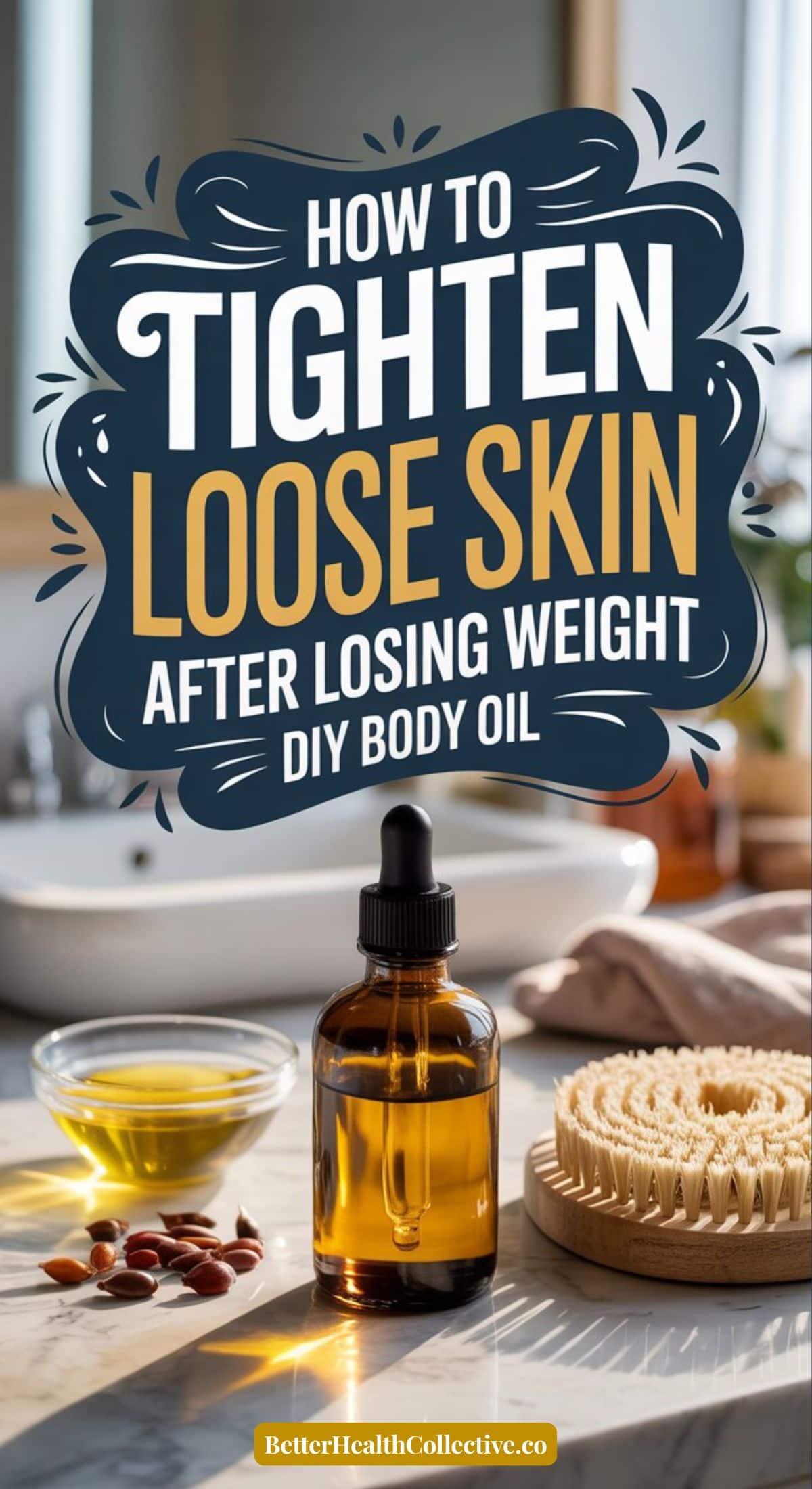 A bottle of Firming Body Oil, supplements, a dry brush, and a bowl on a bathroom counter. Text reads: “How to tighten loose skin after weight loss. DIY body oil.” Website: wellnestguide.com.