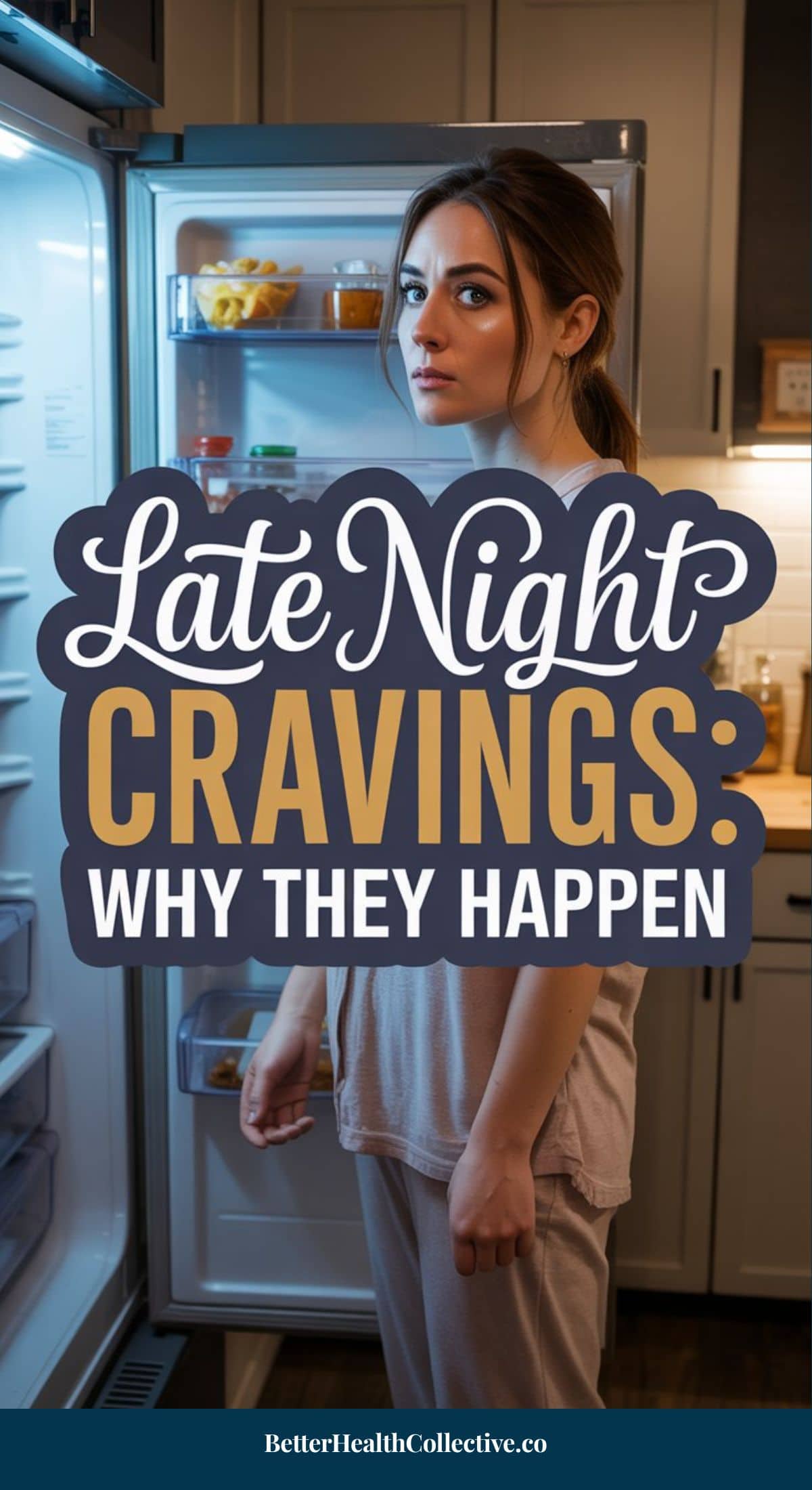A woman in pajamas stands in front of an open refrigerator at night, looking thoughtfully inside. Text overlay reads: Causes of Late Night Cravings: Why They Happen & How to Stop Late Night Cravings. wellnestguide.com appears at the bottom.