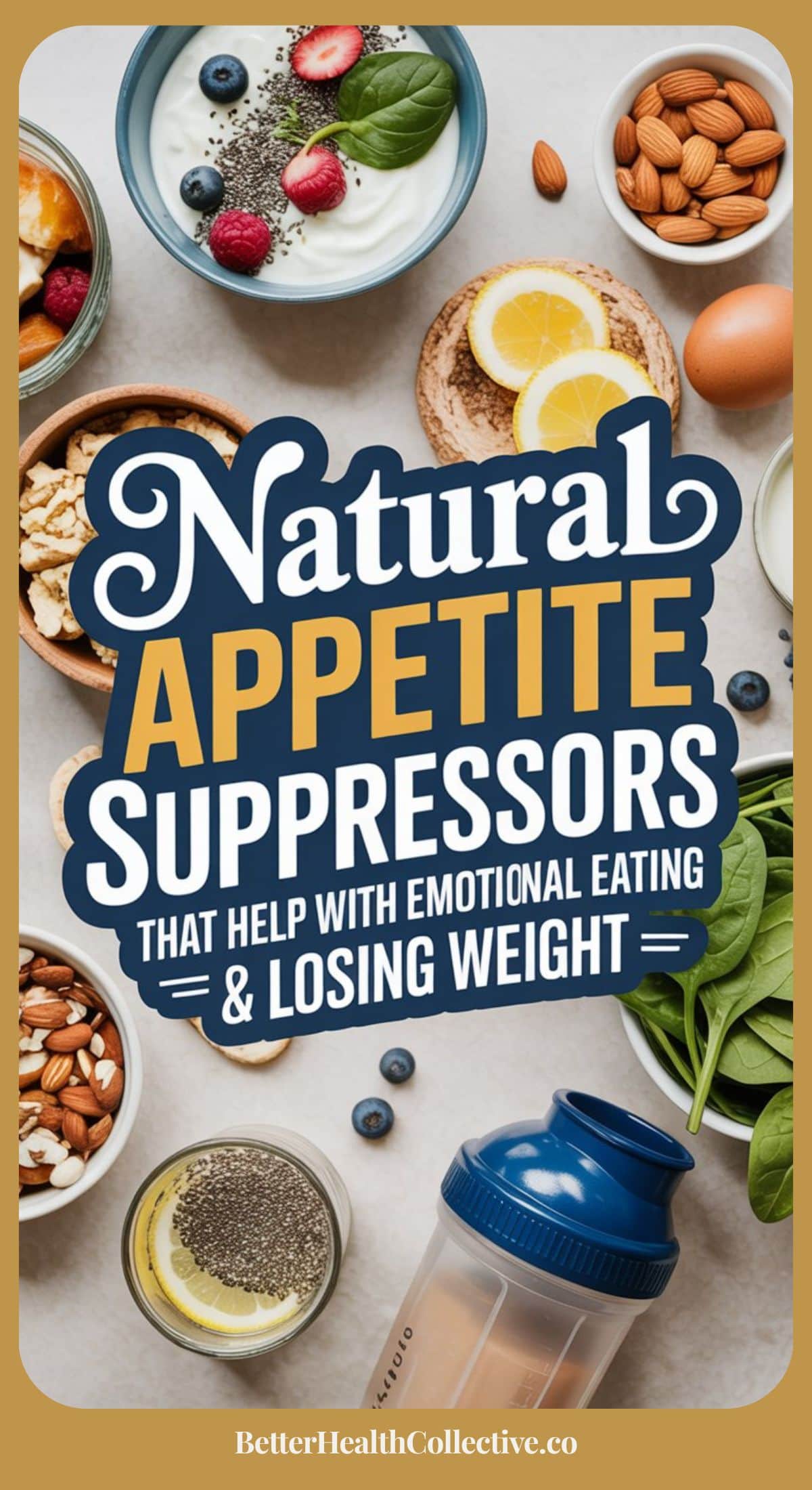 A variety of healthy foods such as nuts, berries, leafy greens, and yogurt surround text that reads, “Natural Appetite Suppressants That Help With Emotional Eating & Losing Weight.” Website: wellnestguide.com.