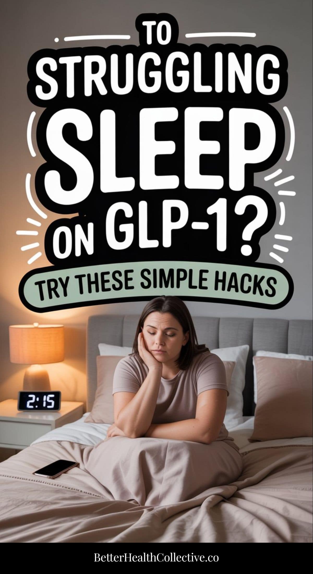 A woman sits on her bed looking wired but tired at 2:15 am, with text above her reading “Struggling with GLP-1 insomnia? Try these simple sleep solutions.” Website wellnestguide.com appears at the bottom.