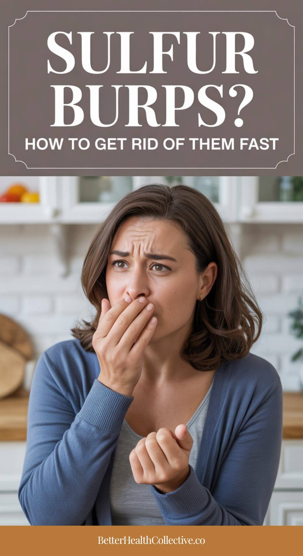 A concerned woman covers her mouth with one hand while standing in a kitchen. The text above reads, Sulfur burps from GLP-1 meds? How to get rid of them fast. The website wellnestguide.com is at the bottom.