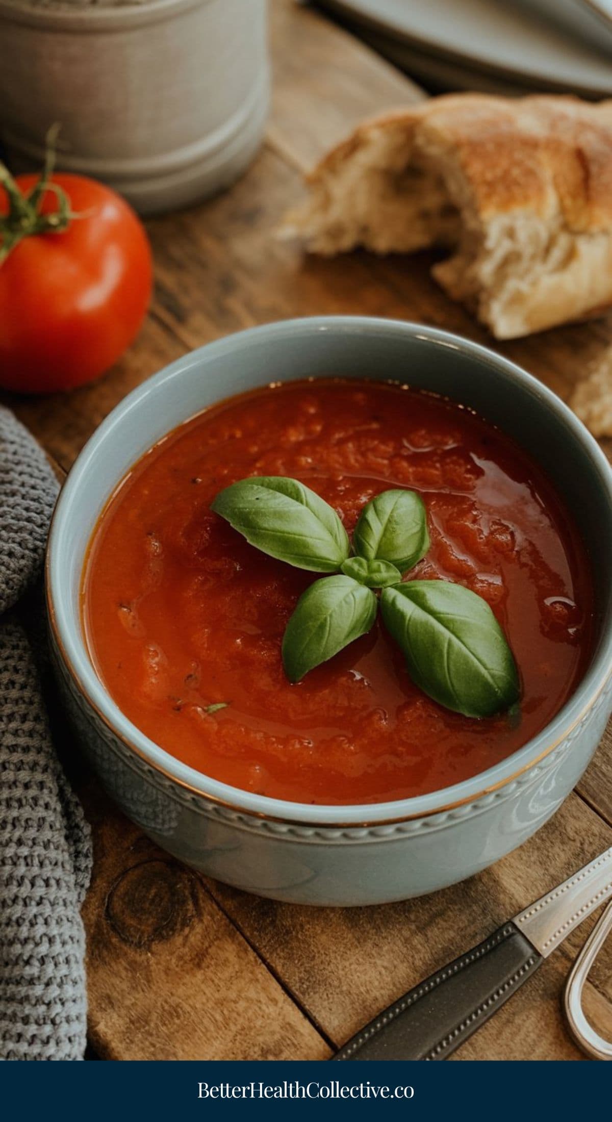 A bowl of tomato soup, perfect for vegetarian soup recipes, is garnished with fresh basil and sits on a wooden table beside a ripe tomato, bread, and gray cloth. The website wellnestguide.com appears at the bottom.