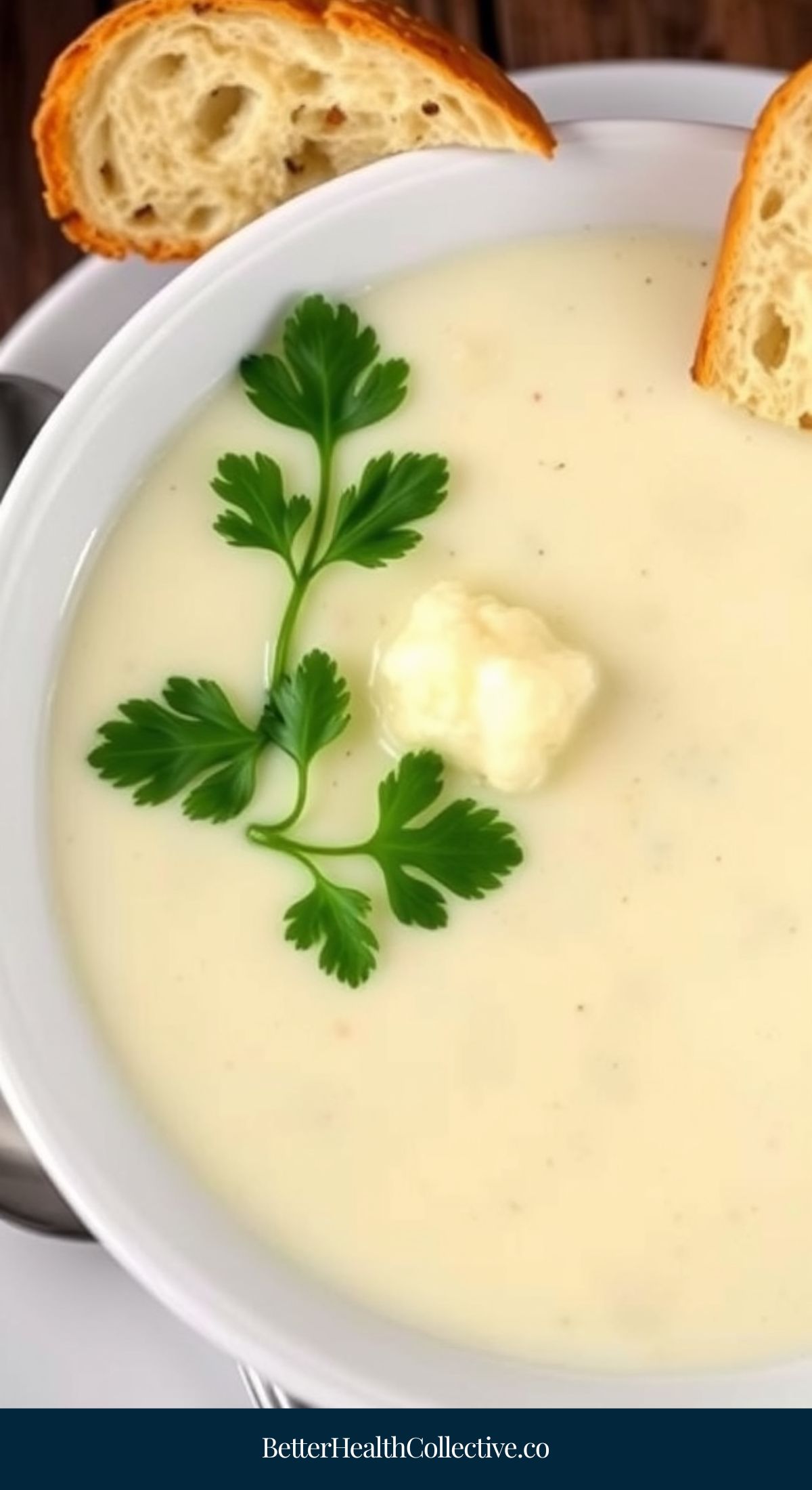 A bowl of creamy vegetarian soup, garnished with a sprig of parsley and a dollop of butter, served with two slices of bread on the rim. Discover more vegetarian soup recipes at wellnestguide.com.