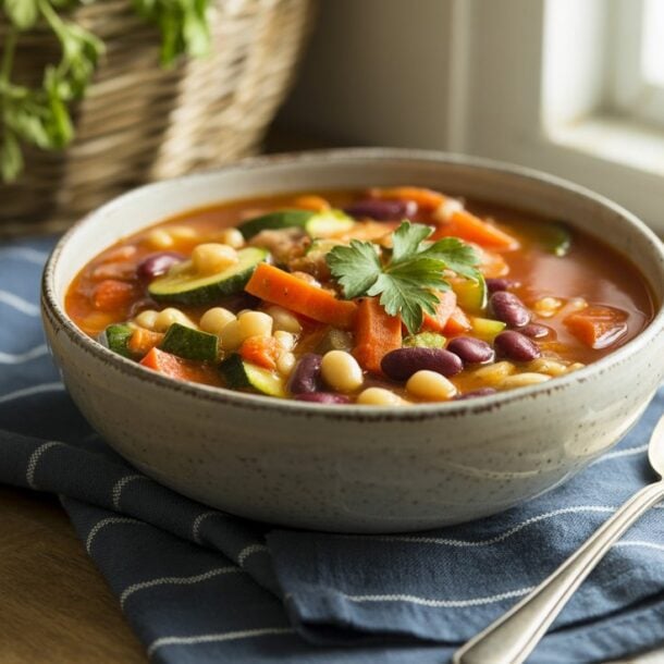 A bowl of Vegetarian Minestrone Soup sits on a blue cloth near a window, with a spoon beside it. The hearty soup contains carrots, beans, zucchini, and is garnished with fresh parsley.