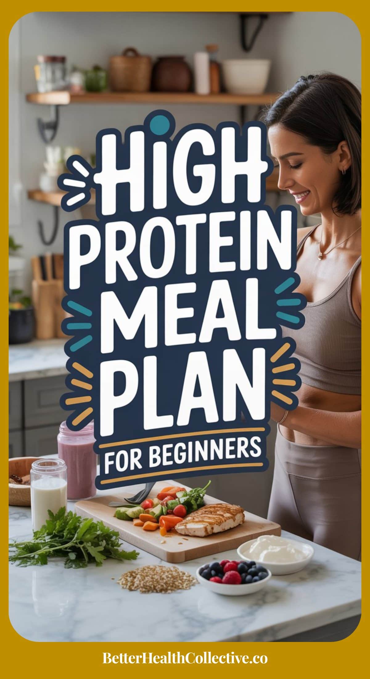 A woman prepares healthy food in a kitchen. Text overlay reads: High Protein Meal Plan for Beginners. Ingredients for a high protein diet, like chicken, greens, and grains, are on the counter. Website: wellnestguide.com.