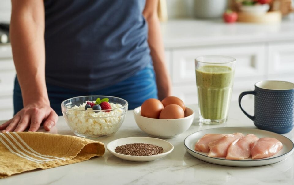A person stands behind a kitchen counter with bowls of cottage cheese and berries, three eggs, a green smoothie, raw chicken breasts, flaxseeds, and a mug—ingredients perfect for a high protein diet or reaching 100g of protein daily.