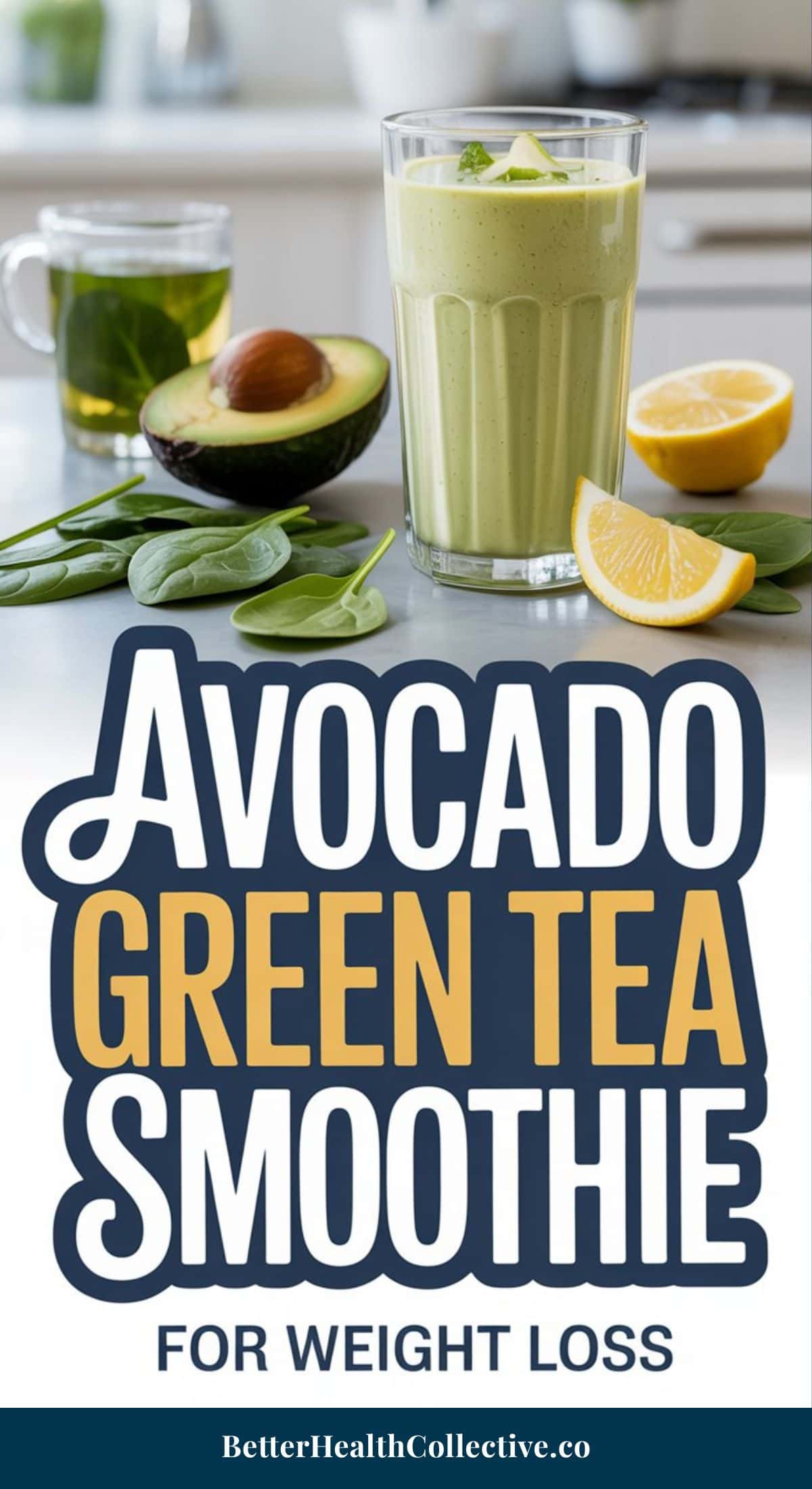 A glass of avocado green tea smoothie with a straw sits beside half an avocado, lemon wedges, spinach leaves, and a cup of green tea. Text reads: “Low Sugar Fat-Burning Smoothie for Weight Loss. wellnestguide.com”.