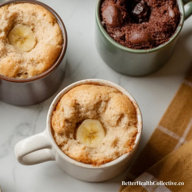 Three mugs with Microwave Mug Cake sit on a marble surface—two banana cakes topped with banana slices, and one chocolate cake. A brown checkered cloth is partially visible. Text reads wellnestguide.com.