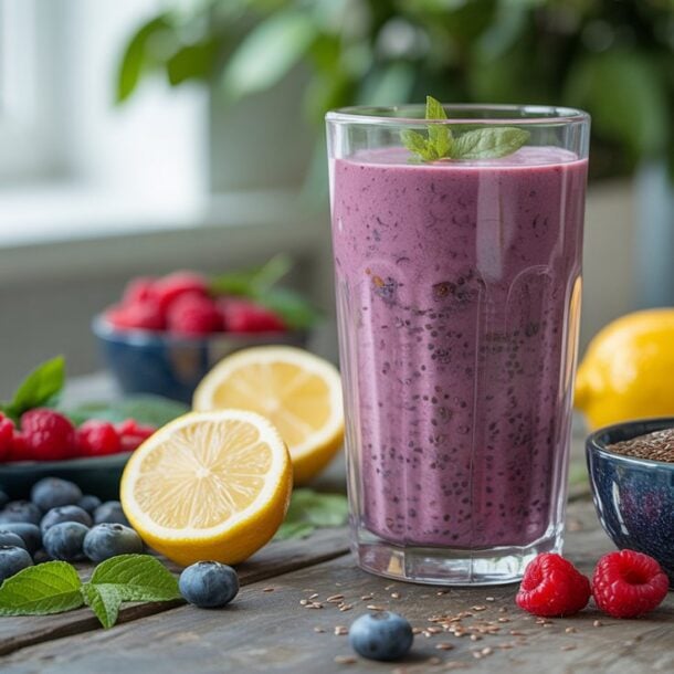 A glass of Berry Lemon Detox Smoothie garnished with mint sits on a wooden table, surrounded by fresh blueberries, raspberries, lemon halves, a whole lemon, and chia seeds. A bowl of berries and a plant are in the background.