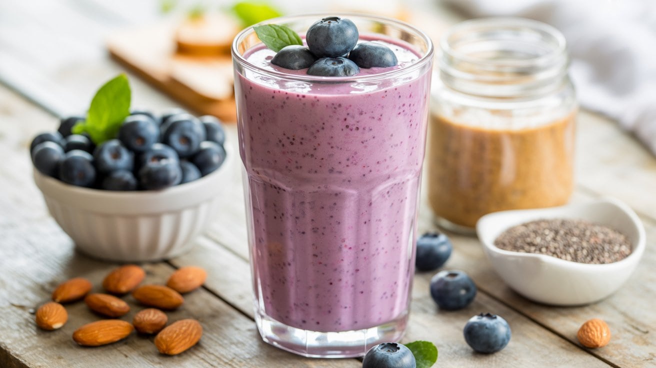 A glass of blueberry smoothie topped with fresh blueberries and a mint leaf, surrounded by almonds, chia seeds, a jar of nut butter, and a bowl of blueberries on a wooden surface—an ideal fiber protein smoothie.