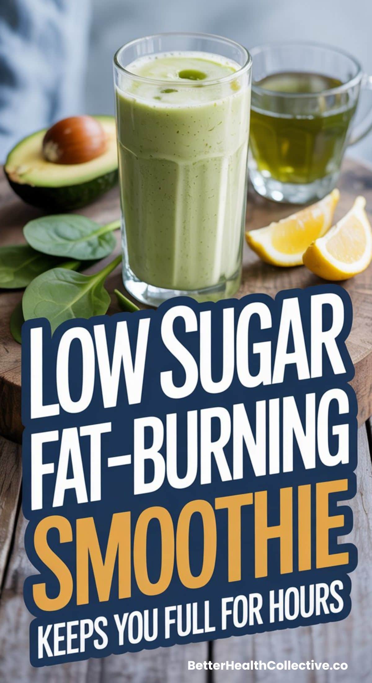 A glass of avocado smoothie sits next to half an avocado, a cup of green tea, and lemon wedges. Bold text reads: Low Sugar Fat-Burning Smoothie Keeps You Full for Hours. Enjoy this delicious green tea smoothie boost!.