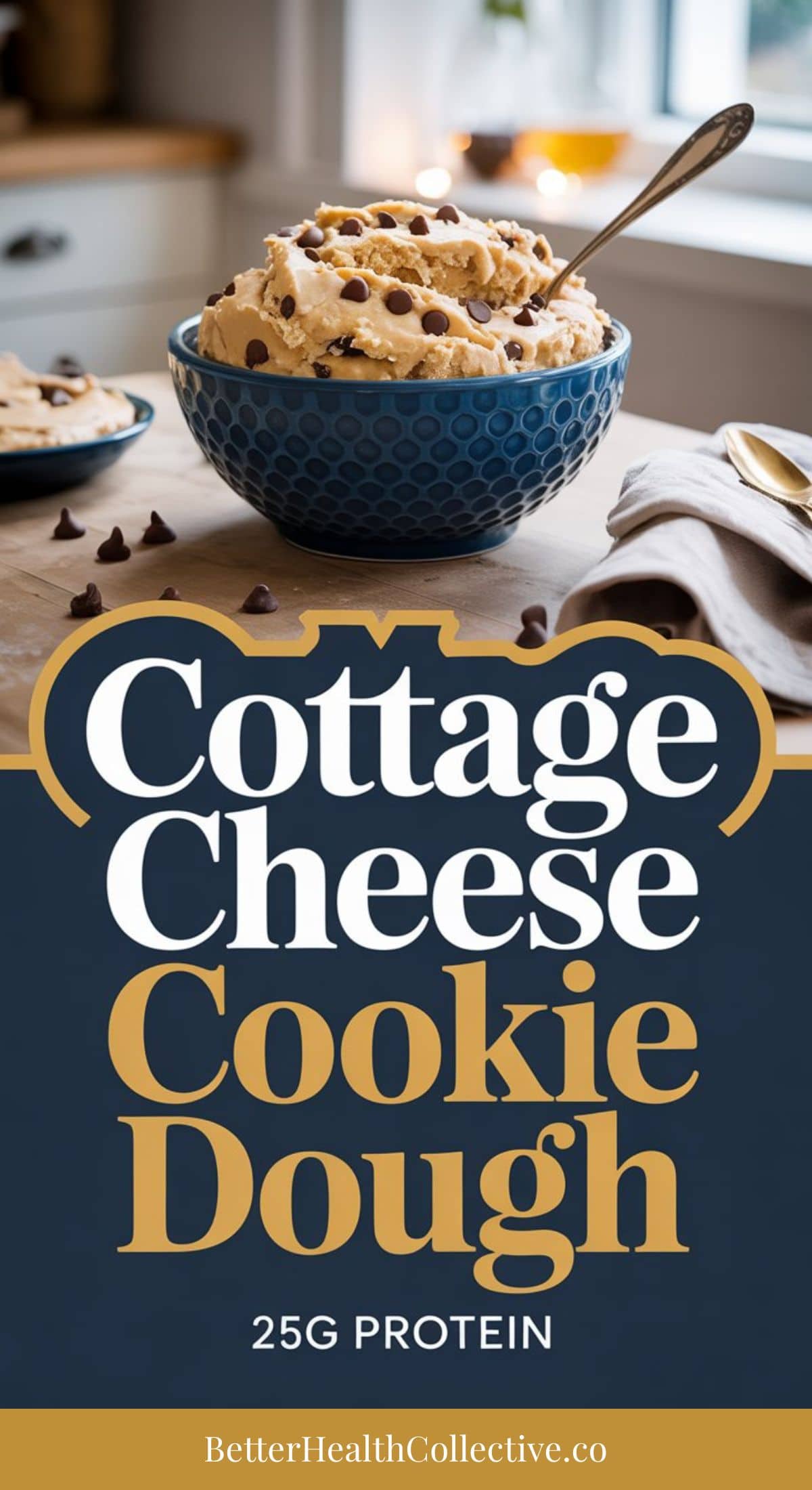 A blue bowl filled with high protein cottage cheese cookie dough topped with chocolate chips sits on a kitchen counter, with a spoon inside. Text below reads, Cottage Cheese Cookie Dough, 25g Protein, wellnestguide.com.