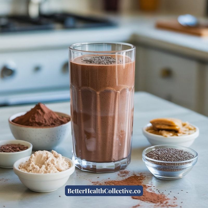 A glass of chocolate protein fiber smoothie sits on a kitchen counter, surrounded by bowls of cocoa powder, protein powder, chia seeds, and almond butter. Text on the image reads “wellnestguide.com”.