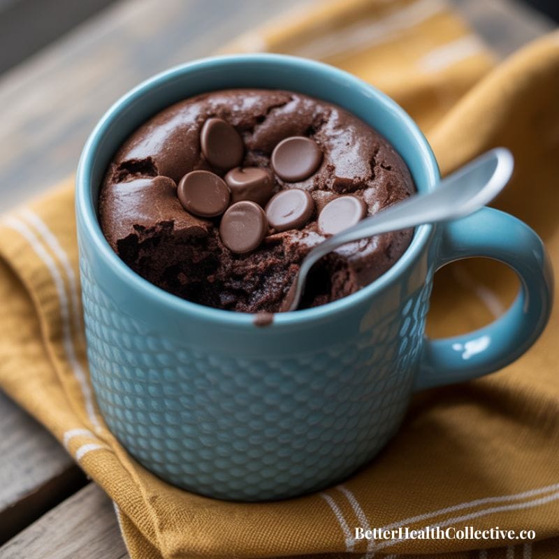 A blue mug filled with a rich Microwave Mug Cake topped with chocolate chips, placed on a yellow cloth with a spoon inside. The text wellnestguide.com appears in the corner.