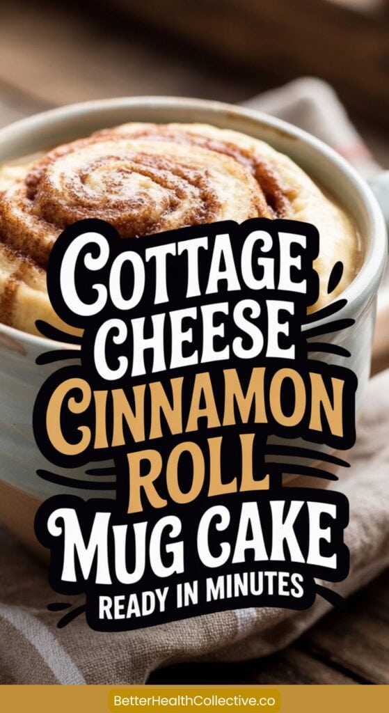 A high protein mug cake with cottage cheese, filled with cinnamon roll flavor and topped with a cinnamon swirl. Overlaid text reads: Cottage Cheese Cinnamon Roll Mug Cake Ready in Minutes. wellnestguide.com appears at the bottom.