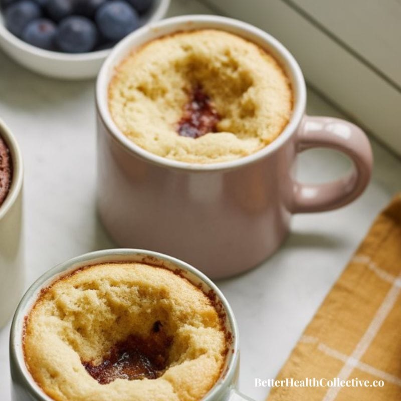Two mugs filled with Microwave Mug Cake, each with a jam-filled center. In the background, a bowl of blueberries and a yellow cloth are visible. The text wellnestguide.com appears in the lower right corner.