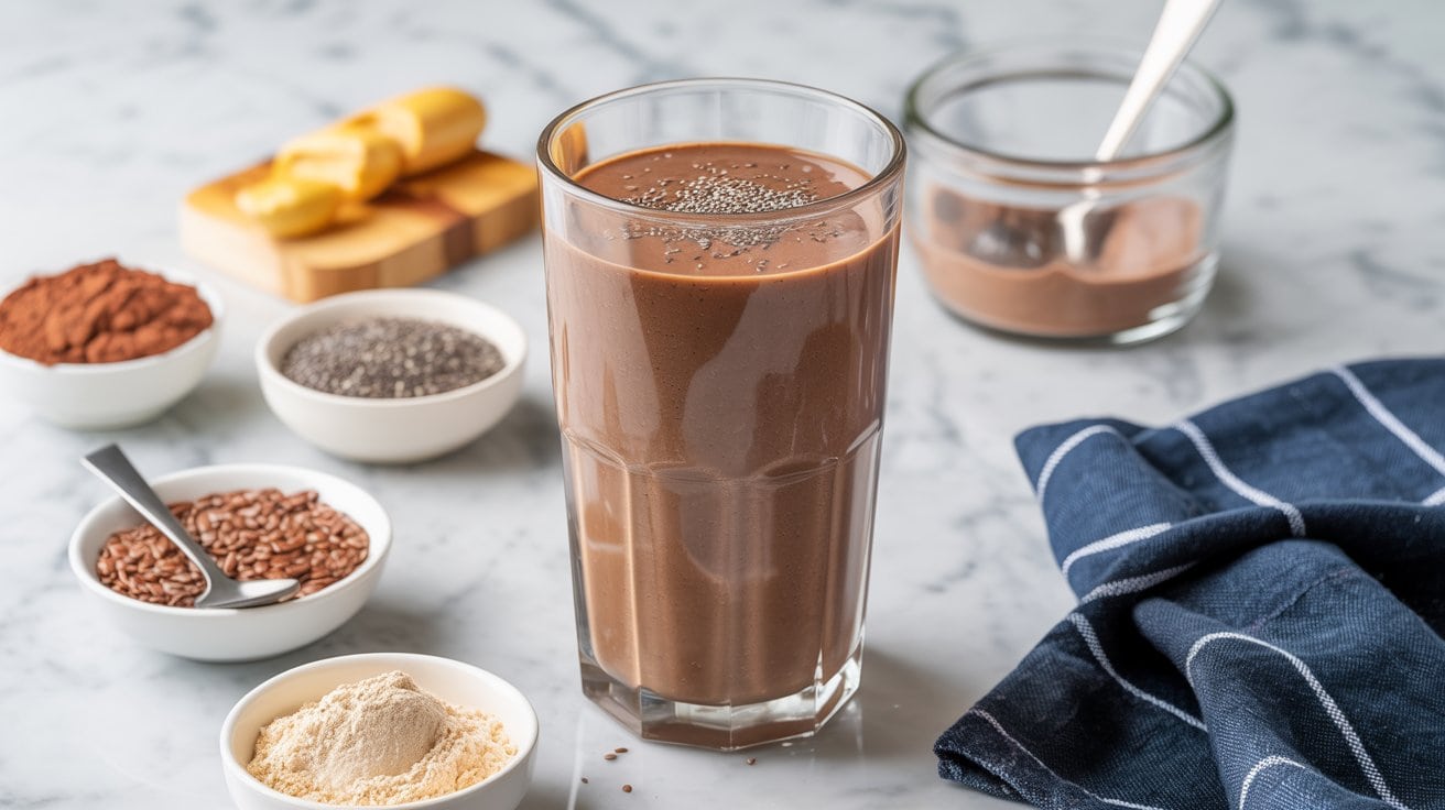 A glass of Chocolate Protein Smoothie topped with chia seeds sits on a marble surface, surrounded by bowls of cocoa powder, flax seeds, and protein powder—perfect for a low sugar, fat-burning treat with a blue-striped cloth nearby.