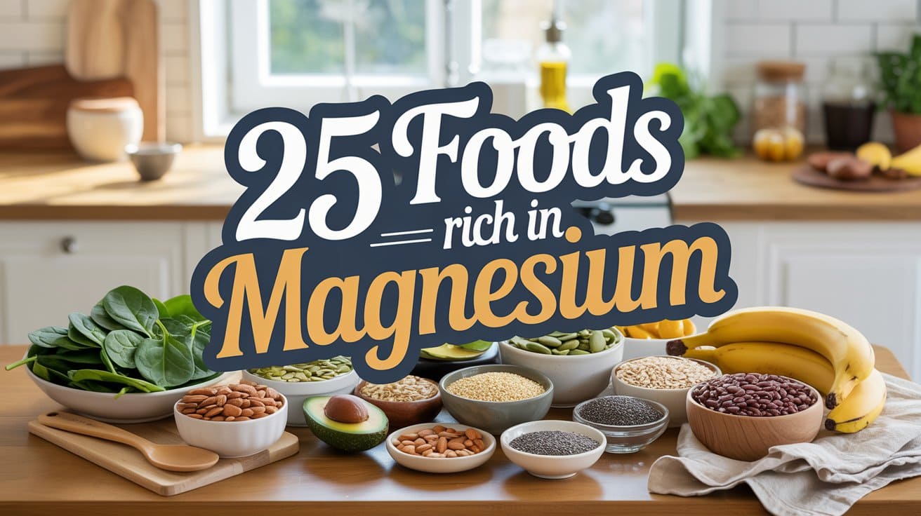 A kitchen counter displays various magnesium rich foods like spinach, bananas, avocado, nuts, beans, seeds, and grains. Large text in the center reads: 25 Foods Rich in Magnesium. The setting is bright and inviting.
