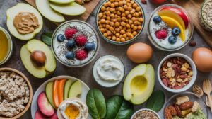 A colorful assortment of healthy snack ideas, featuring yogurt with berries, apple slices, chickpeas, nuts, eggs, avocado halves, seeds, vegetables, nut butter, and leafy greens artfully arranged on a table.