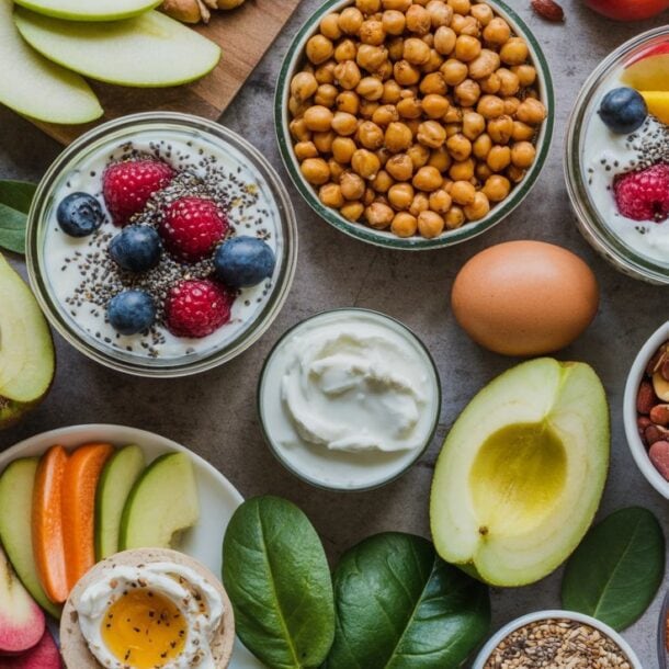 A colorful assortment of healthy snack ideas, featuring yogurt with berries, apple slices, chickpeas, nuts, eggs, avocado halves, seeds, vegetables, nut butter, and leafy greens artfully arranged on a table.