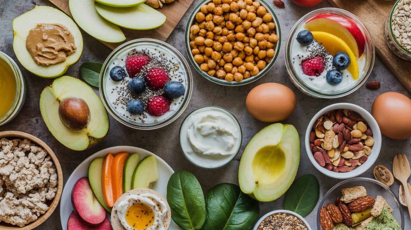 A colorful assortment of healthy snack ideas, featuring yogurt with berries, apple slices, chickpeas, nuts, eggs, avocado halves, seeds, vegetables, nut butter, and leafy greens artfully arranged on a table.