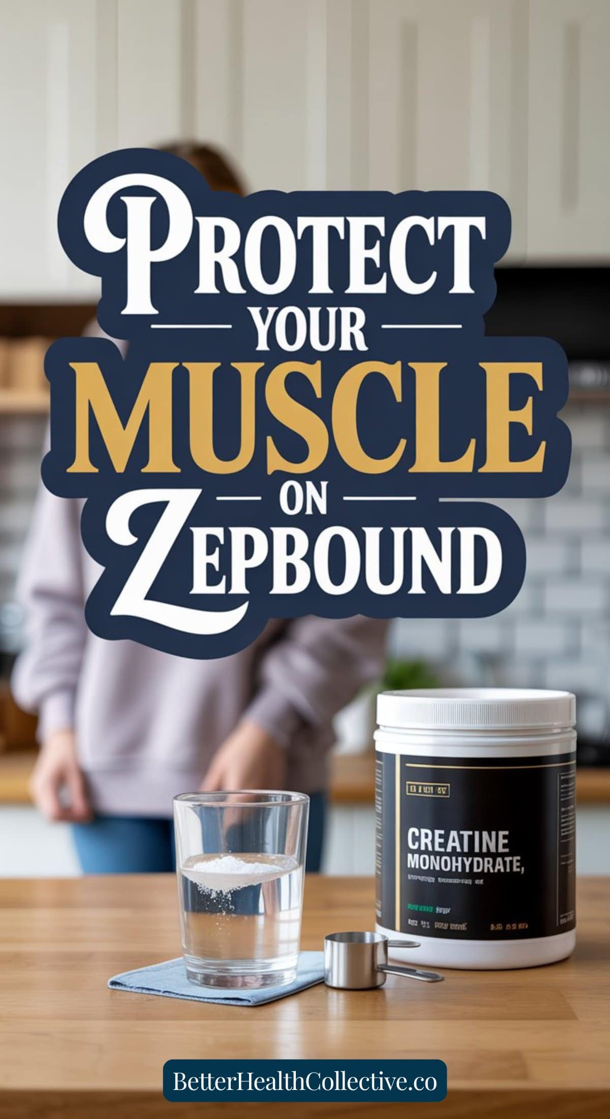 A container of creatine monohydrate and a glass of water sit on a kitchen counter. Large text reads, Protect your muscle on Zepbound with creatine. A person stands blurred in the background. Website: wellnestguide.com.