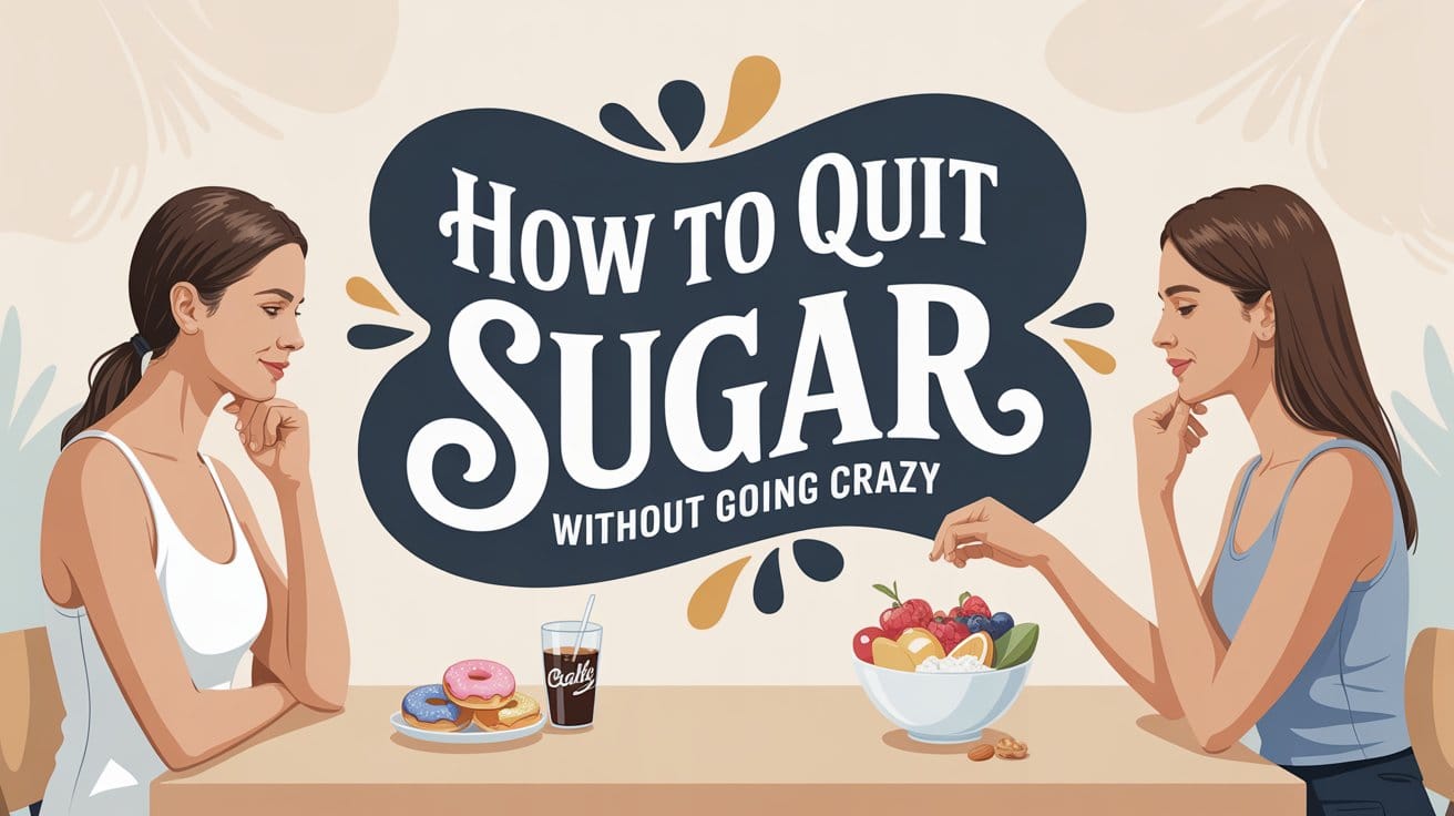 Two women sit at a table. One has donuts and a soda; the other has a bowl of fruit. Large text between them reads, “How to Quit Sugar Without Going Crazy.” The background is neutral with decorative shapes.