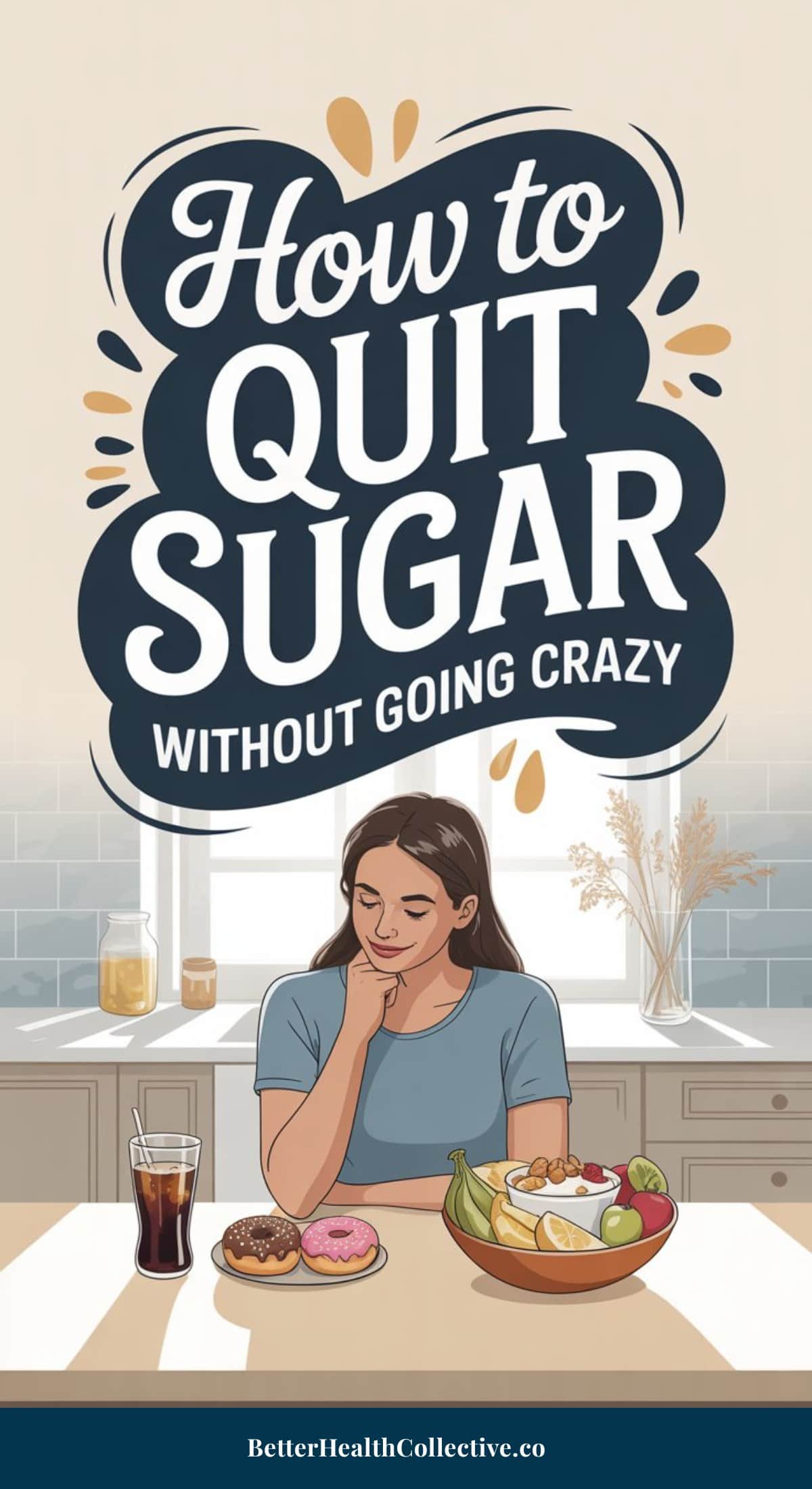 A woman sits at a kitchen table with donuts and soda on one side, and a bowl of healthy fruit on the other. Above her, text reads “How to Quit Sugar Without Going Crazy: A Step-by-Step Guide.”.