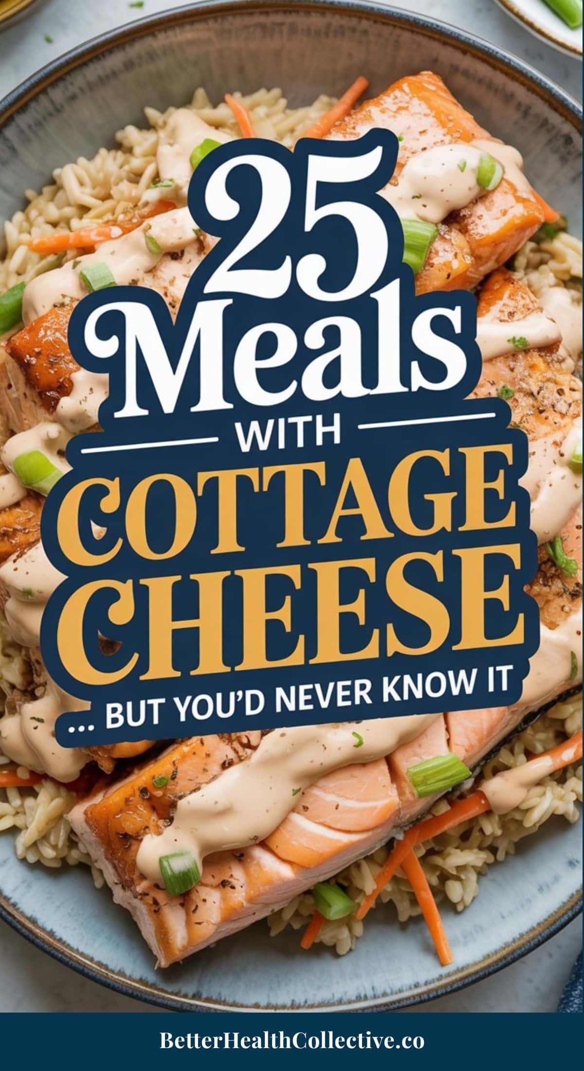 A plate of salmon with sauce and green onions on rice, overlaid with text: “25 Meals with Cottage Cheese ... But You’d Never Know It.” At the bottom: “wellnestguide.com – Delicious meals with cottage cheese.”.