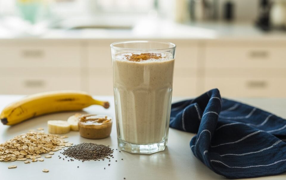 A glass of creamy breakfast smoothie sits on the counter, surrounded by a banana, oats, chia seeds, and a spoonful of nut butter—perfect for a protein fiber boost. A blue striped cloth adds charm to the bright kitchen setting.