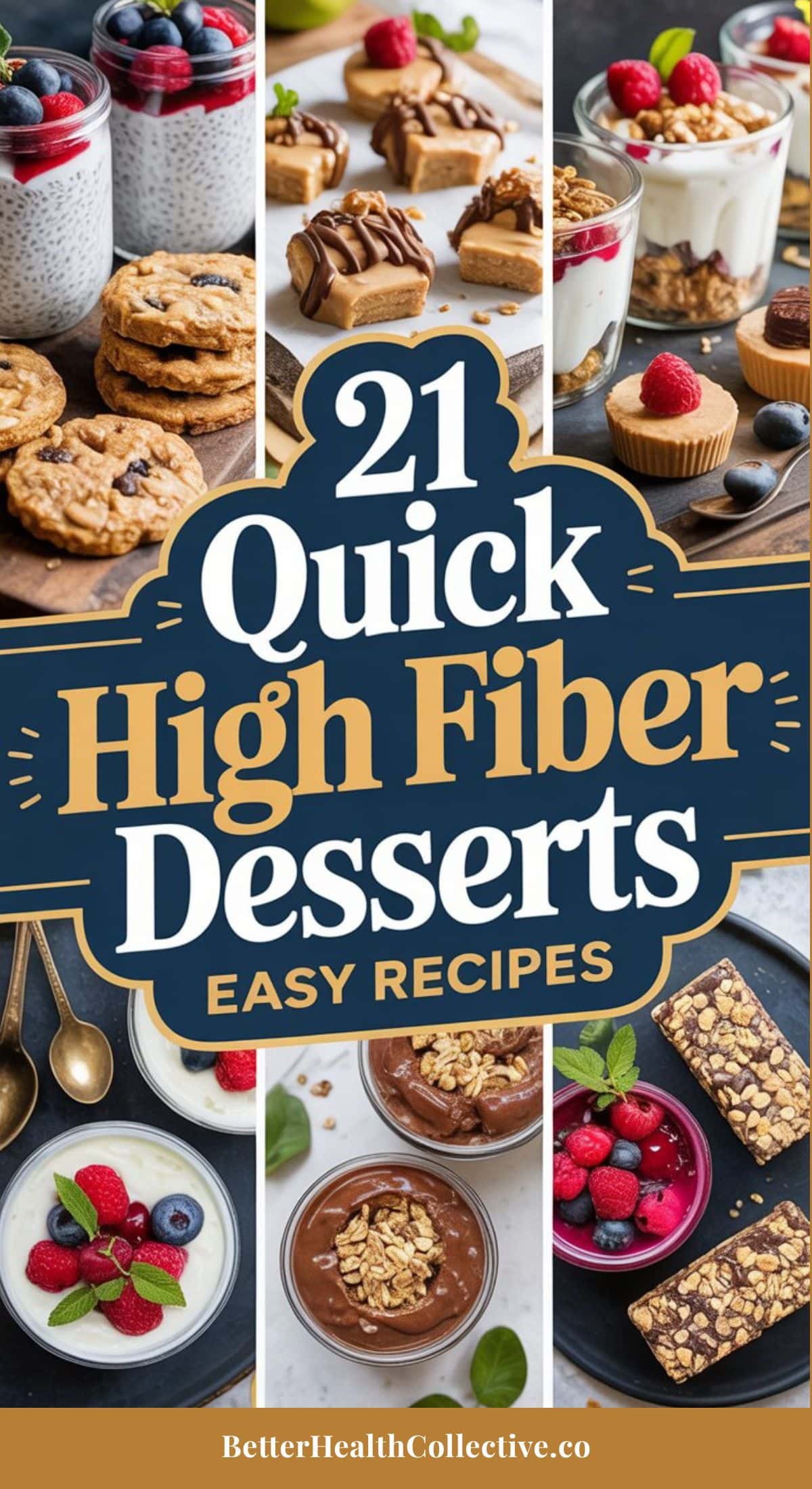 A collage of high fiber desserts, featuring parfaits, cookies, bars, and fruit cups, surrounds the text: 21 Quick High Fiber Desserts - Easy Recipes. Website: wellnestguide.com.