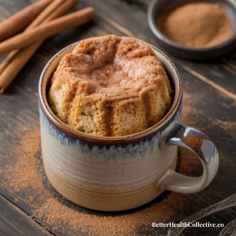 A cinnamon-flavored Microwave Mug Cake rises above a ceramic mug, surrounded by cinnamon sticks and a small bowl of cinnamon powder on a rustic wooden table. Text reads wellnestguide.com.