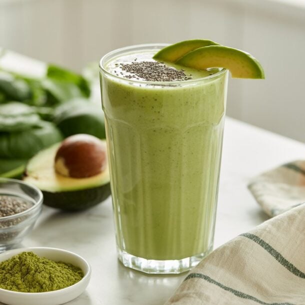 A tall glass of Avocado Green Tea Smoothie garnished with avocado slices and chia seeds sits on a table, surrounded by spinach leaves, a halved avocado, chia seeds, and matcha powder—perfect for a low sugar, fat-burning boost.